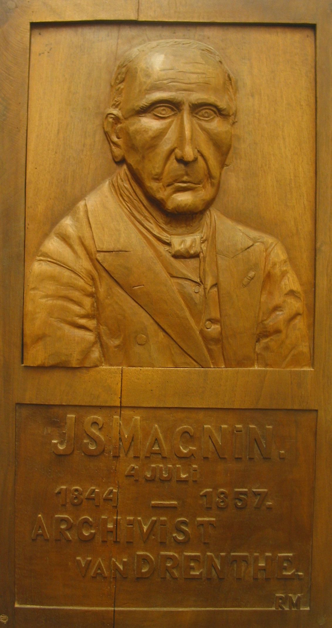 Houtsnede van Jean Samuel Magnin, vervaardigd ter gelegenheid van het 100-jarig jubileum van zijn benoeming tot rijksarchivaris. (Collectie Drents Archief)