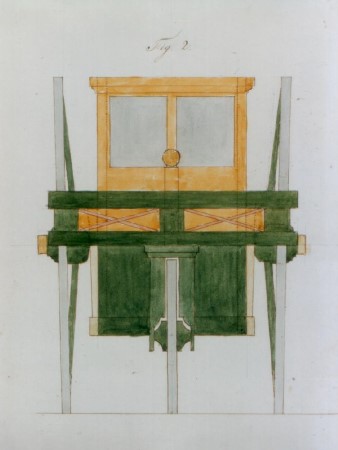 Een vooraanzicht van de schets van het veiligheidsvoertuig van uitvinder Pieter Ortlepp uit 1853