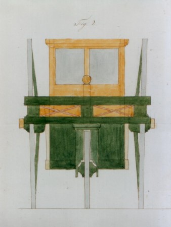 Een vooraanzicht van de schets van het veiligheidsvoertuig van uitvinder Pieter Ortlepp uit 1853