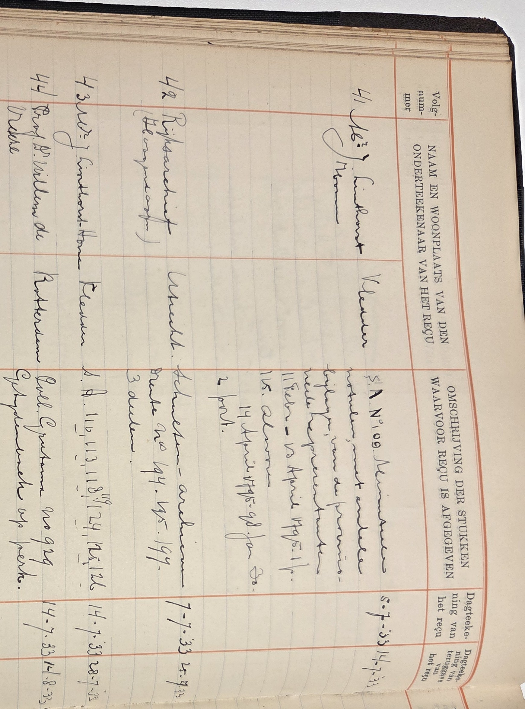 Een bladzijde uit het uitleenregister van 1933. Onderaan de uitleen van De Vreese. (Collectie Drents Archief)