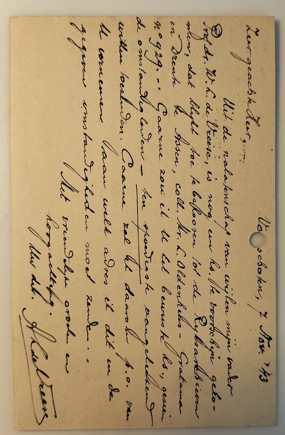 Briefkaart van De Vreese jr. aan het Rijksarchief Drente.