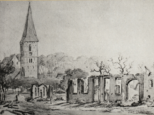 Tekening van de kerk in Beilen na de dorpsbrand in 1820