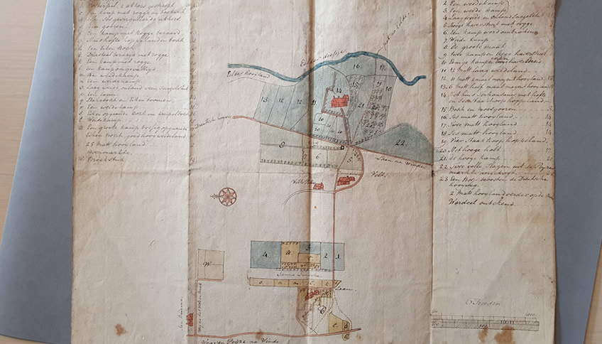 Getekende kaart met landgoed en huizen