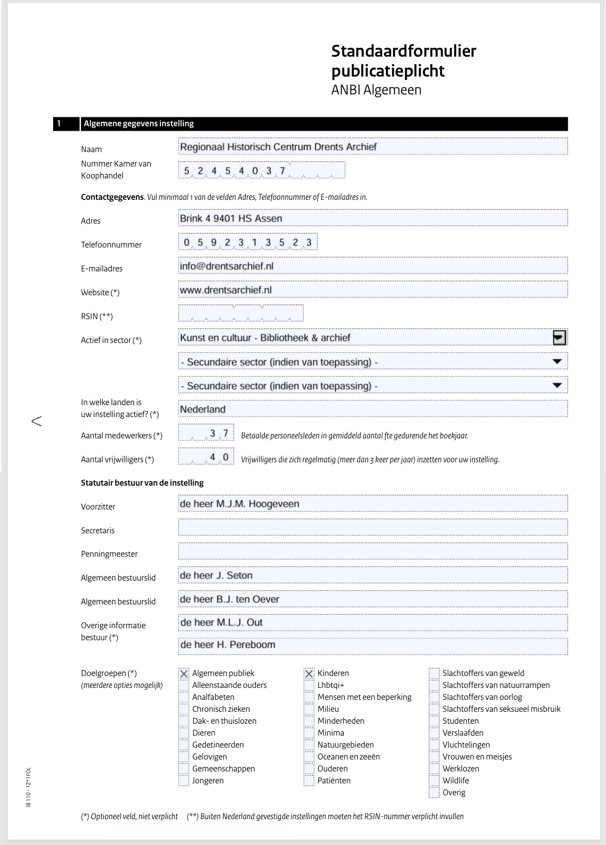 Standaardformulier publicatieplicht ANBI