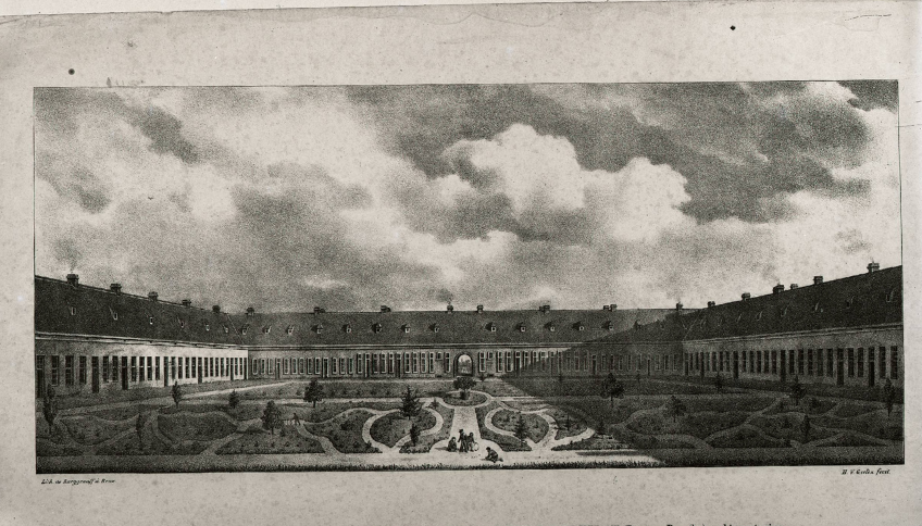 Zwartwit afbeelding binnenplaats Veenhuizen