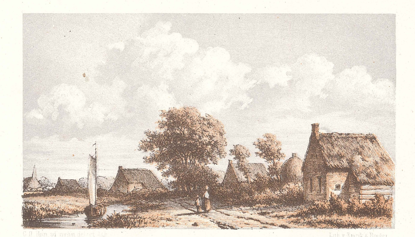 Schets van kolonistenwoningen met links een bootje in een sloot