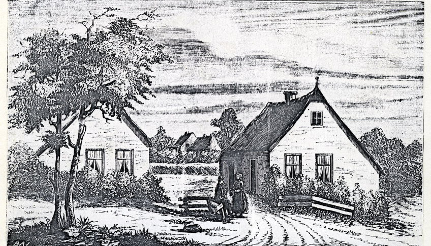 Tekening met twee huisjes, twee personen bij een hek.