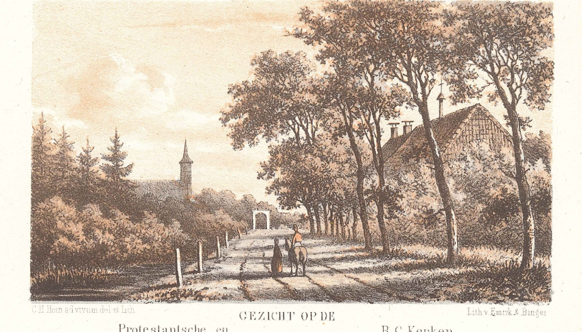 Schets met bomen, kerk en huis, persoon op een paard